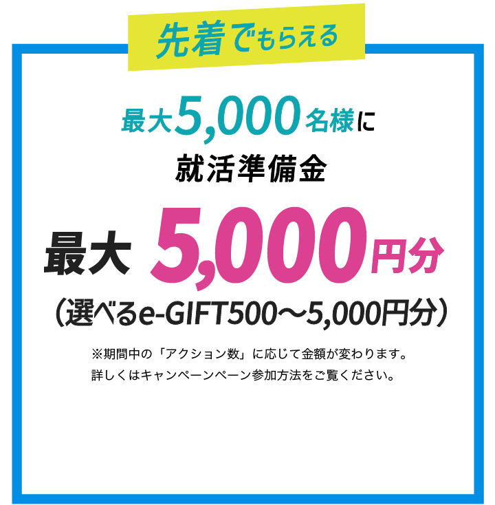 先着で最大5,000名様に就活準備金最大5000円分プレゼント