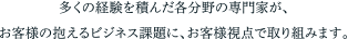 多くの経験を積んだ各分野の専門家が、お客様の抱えるビジネス課題に、お客様視点で取り組みます。