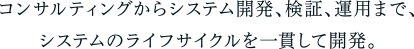 コンサルティングからシステム開発、検証、運用まで、システムのライフサイクルを一貫して開発。