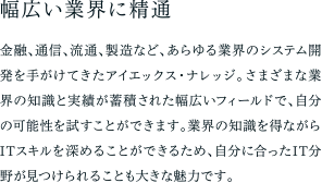 幅広い業界に精通 金融、通信、流通、製造など、あらゆる業界のシステム開発を手がけてきたアイエックス・ナレッジ。さまざまな業界の知識と実績が蓄積された幅広いフィールドで、自分の可能性を試すことができます。業界の知識を得ながらITスキルを深めることができるため、自分に合ったIT分野が見つけられることも大きな魅力です。