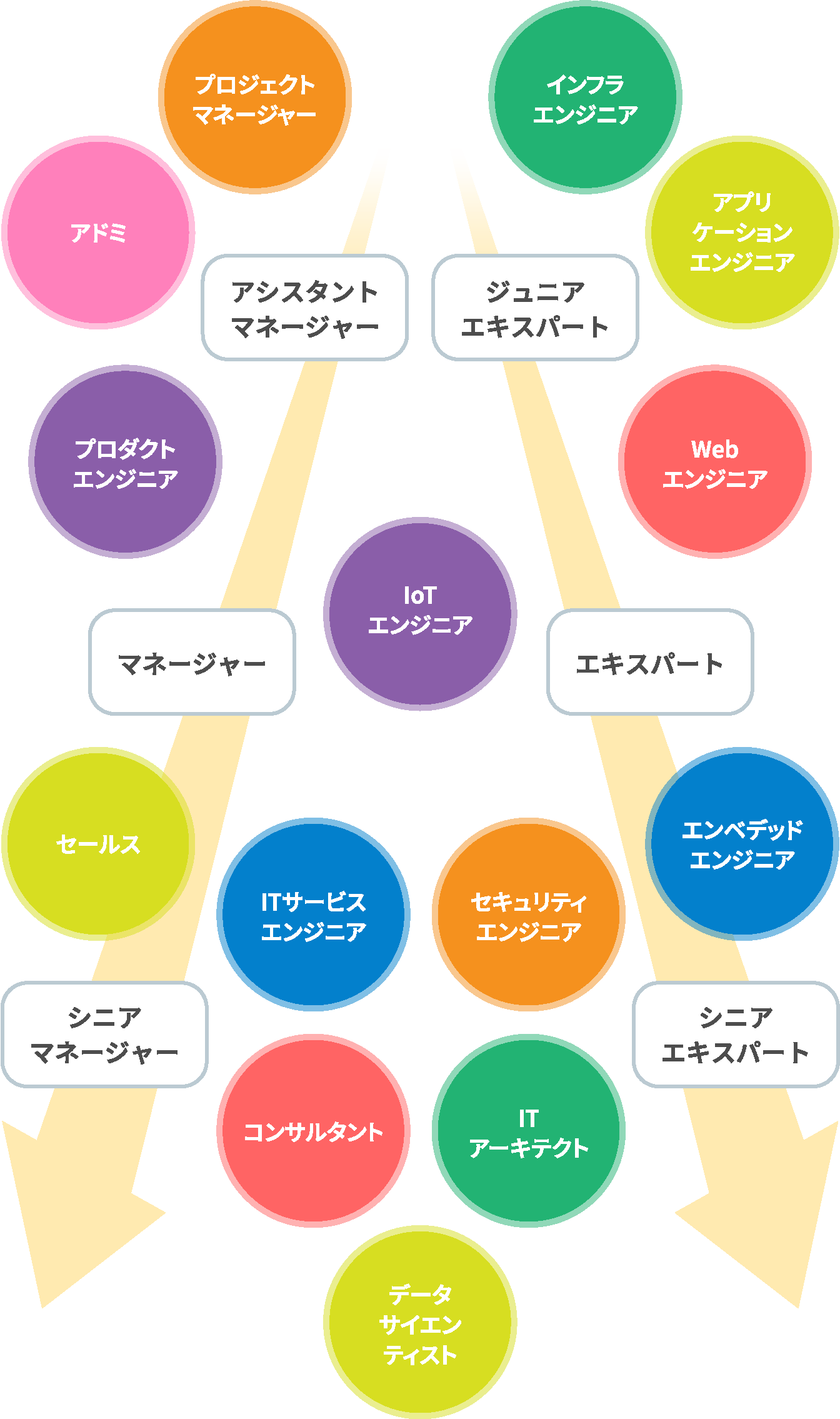 プロジェクトマネージャー インフラエンジニア アドミ アプリケーションエンジニア プロダクトエンジニア IoTエンジニア Webエンジニア セールス ITサービスエンジニア セキュリティエンジニア エンベデッドエンジニア コンサルタント ITアーキテクト データサイエンティスト